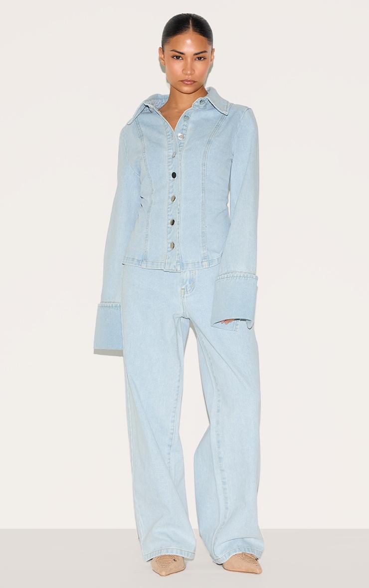 Petite Light Blue Long Sleeve Fitted Denim Shirt Product Image