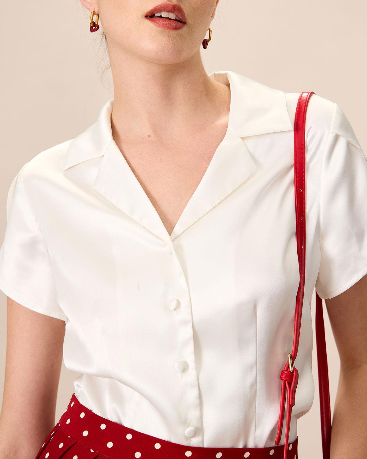 Women's White Lapel Satin Blouse Female Product Image