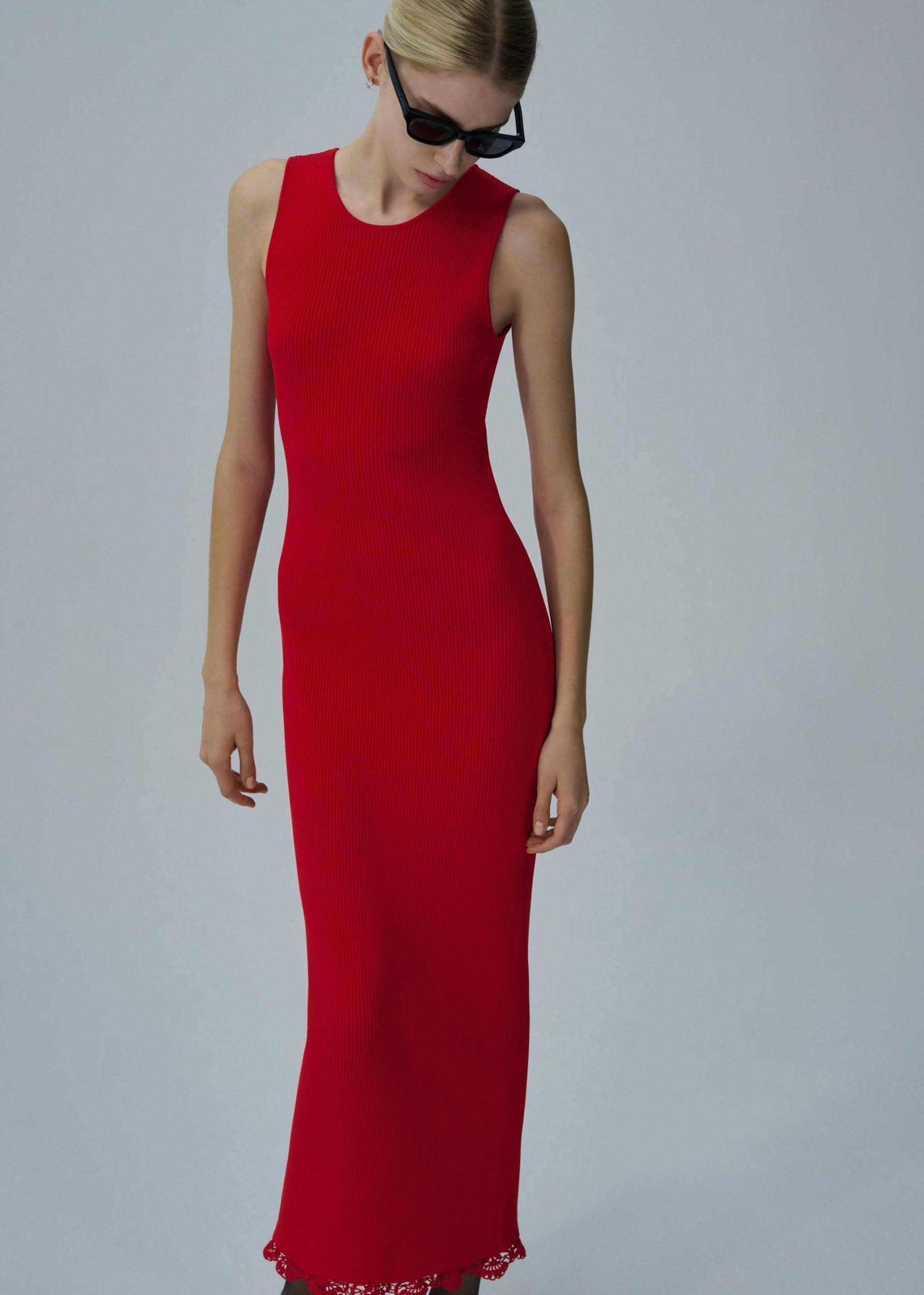 Lace detail ribbed knit maxi dress in red Product Image