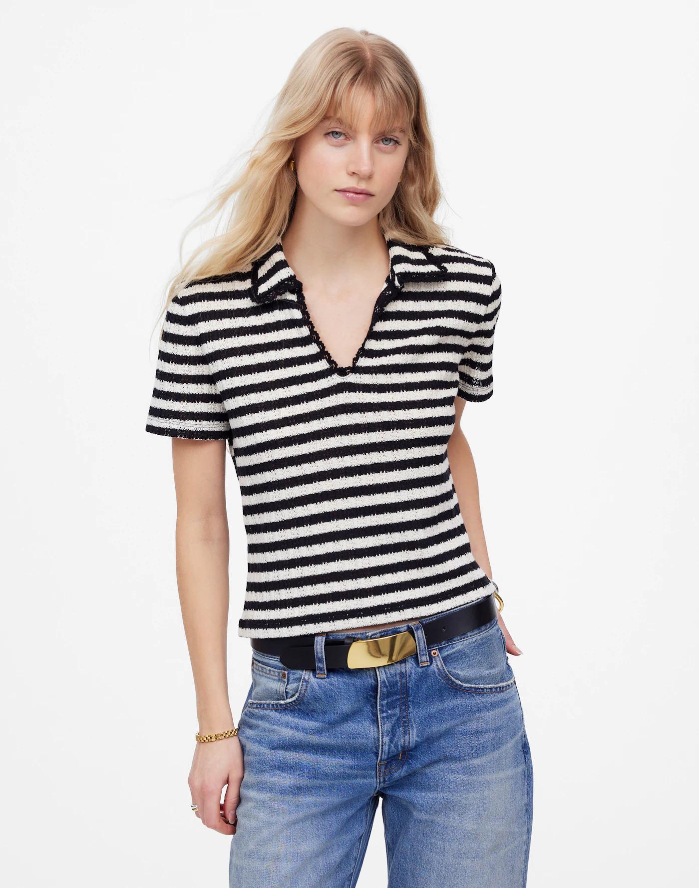 Crochet-Knit V-Neck Sweater Tee Product Image