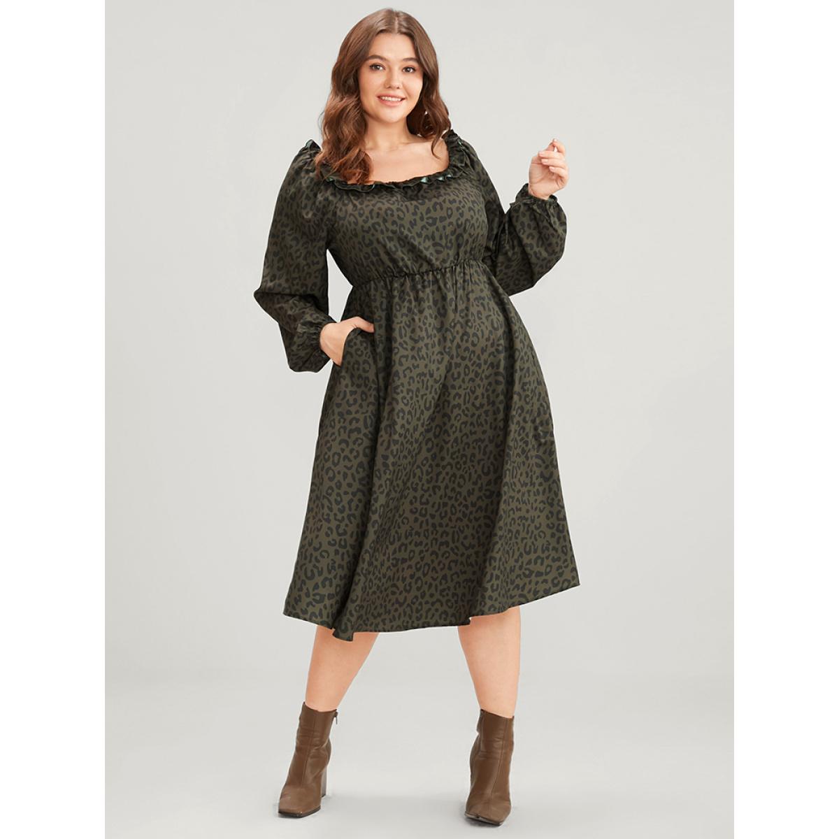 Plus Size Leopard Print Square Neck Pocket Puff Sleeve Midi Dress ArmyGreen Women Elegant Square Neck Long Sleeve Curvy Midi Dress BloomChic 18-20/2X Product Image