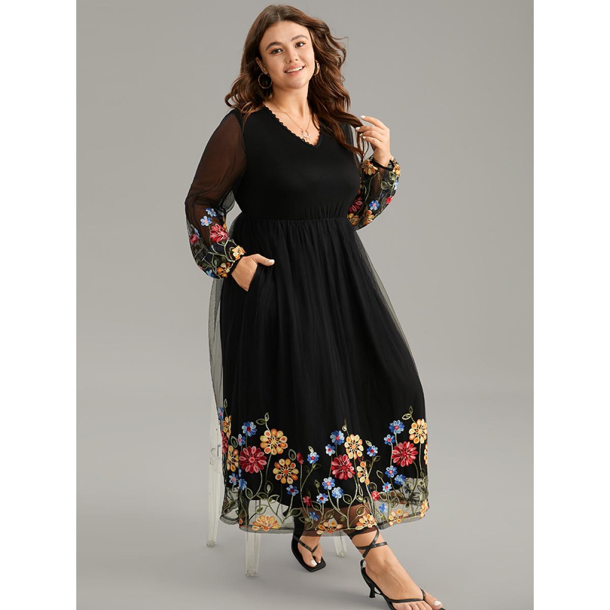 Plus Size Floral Embroidered Crochet Lace Mesh Dress Black Women Casual Elastic cuffs V-neck Long Sleeve Curvy Midi Dress BloomChic 30/6X Product Image