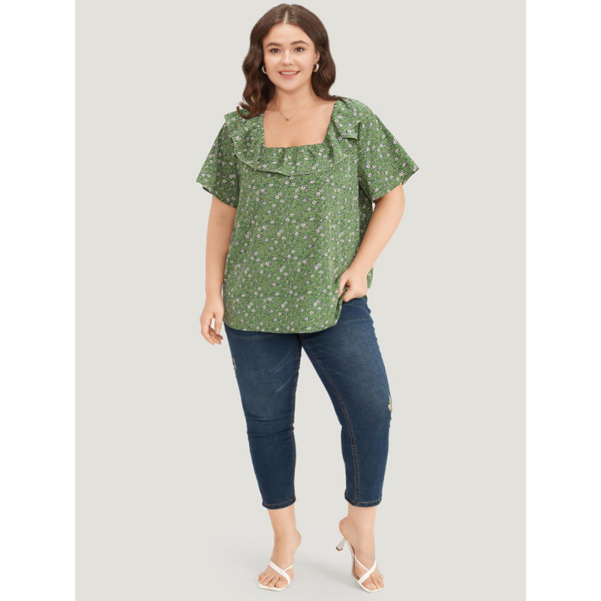 Plus Size Green Ditsy Floral Square Neck Flutter Trim Blouse Women Elegant Short sleeve Square Neck Dailywear Blouses BloomChic 18-20/2X Product Image