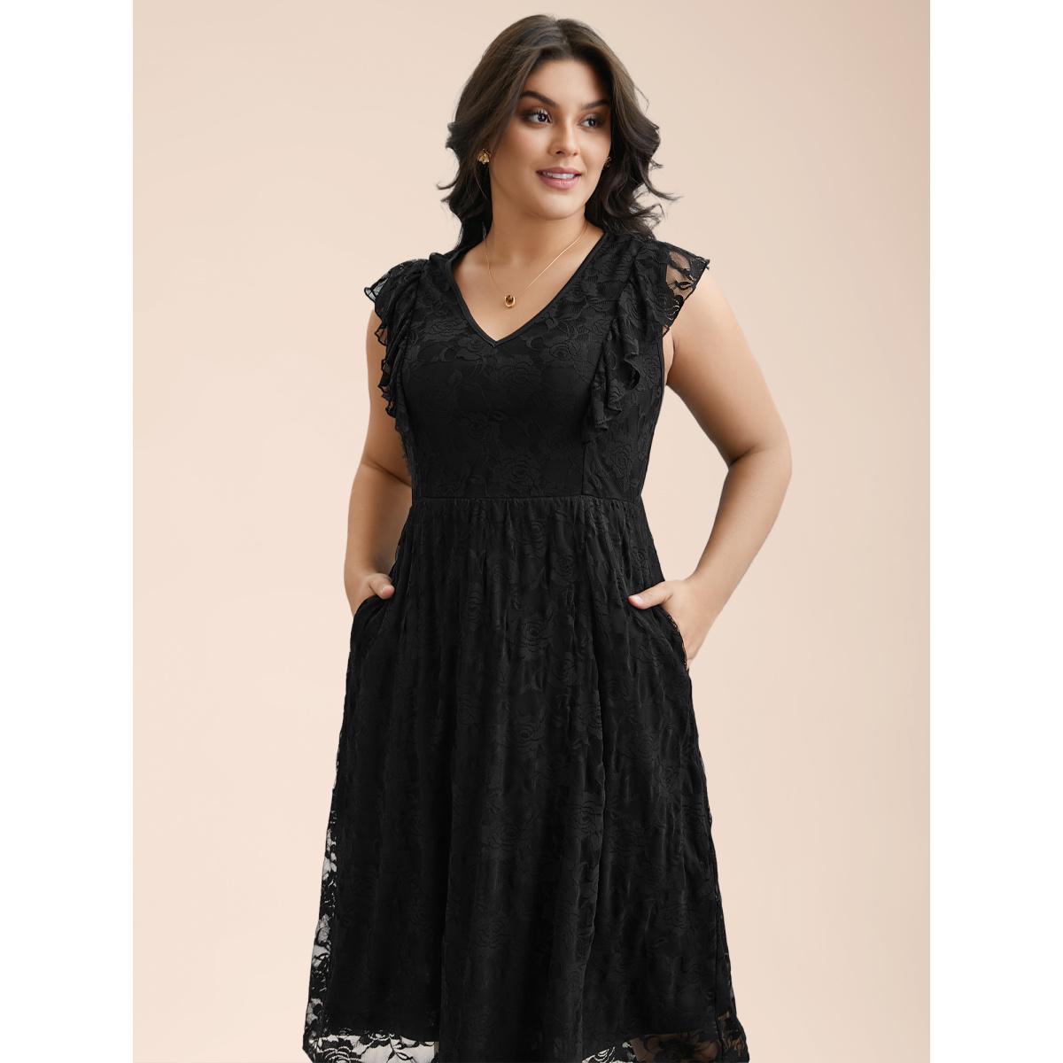 Plus Size Lace Ruffled Sleeve Waist-Cinched Midi Dress Black Women Elegant Texture Knit Dresses Bloomchic 26/4X Product Image
