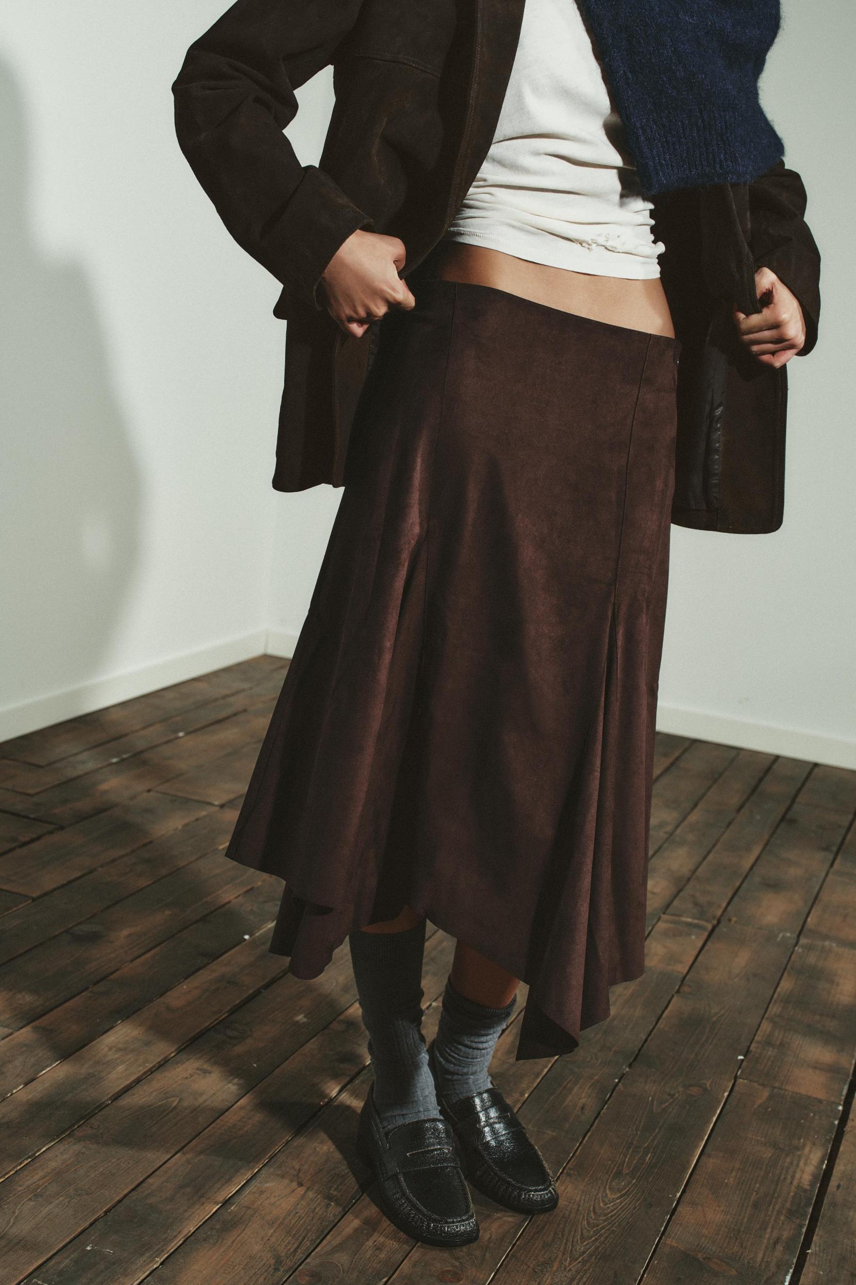 ASYMMETRIC FAUX SUEDE MIDI SKIRT Product Image