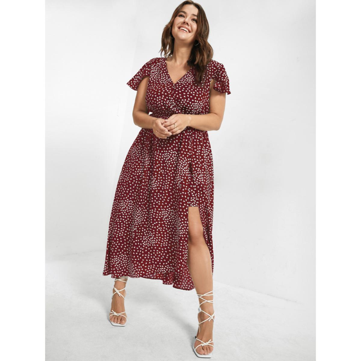 Plus Size V Neck Butterfly Pattern Split Dress Maroon Women Elegant Gathered V-neck Cap Sleeve Curvy Midi Dress BloomChic 30/6X Product Image