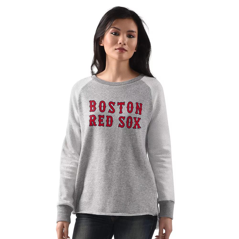 Women's G-III 4Her by Carl Banks Heather Gray Boston Red Sox Gridiron Raglan Pullover Sweatshirt,  Product Image