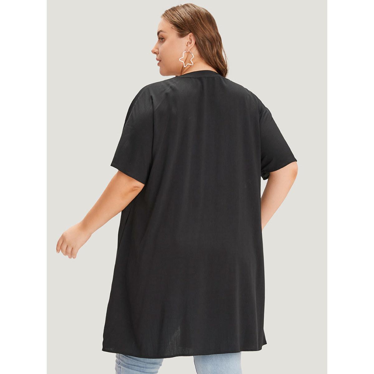 Plus Size Supersoft Essentials Plain Button Through Dolman Sleeve Ruffle Hem Kimono Women Black Casual Plain Pocket Dailywear Kimonos BloomChic 18-20/2X Product Image