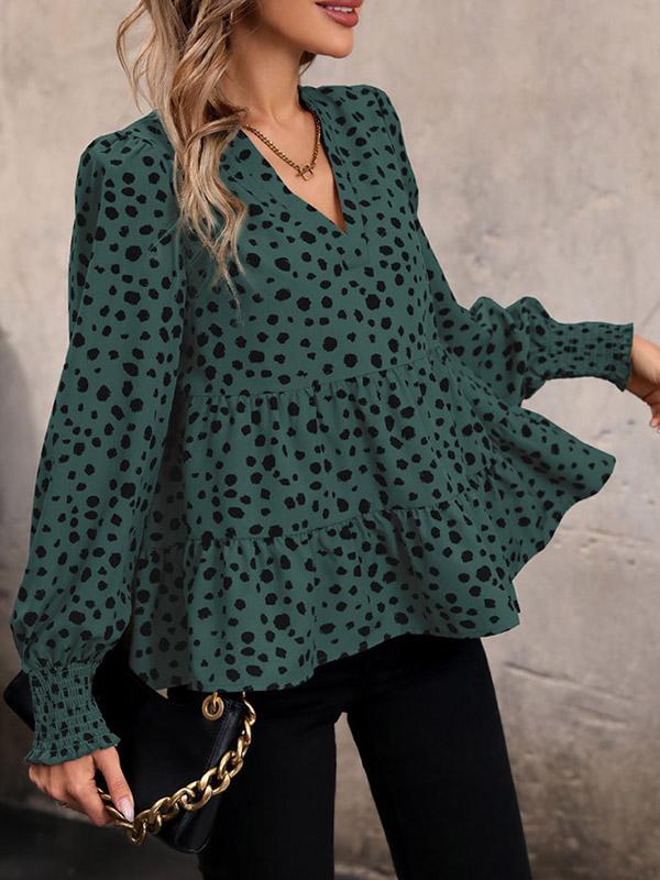 Long Sleeves Loose Elasticity Polka-Dot Split-Joint V-Neck Blouses&Shirts Tops Product Image