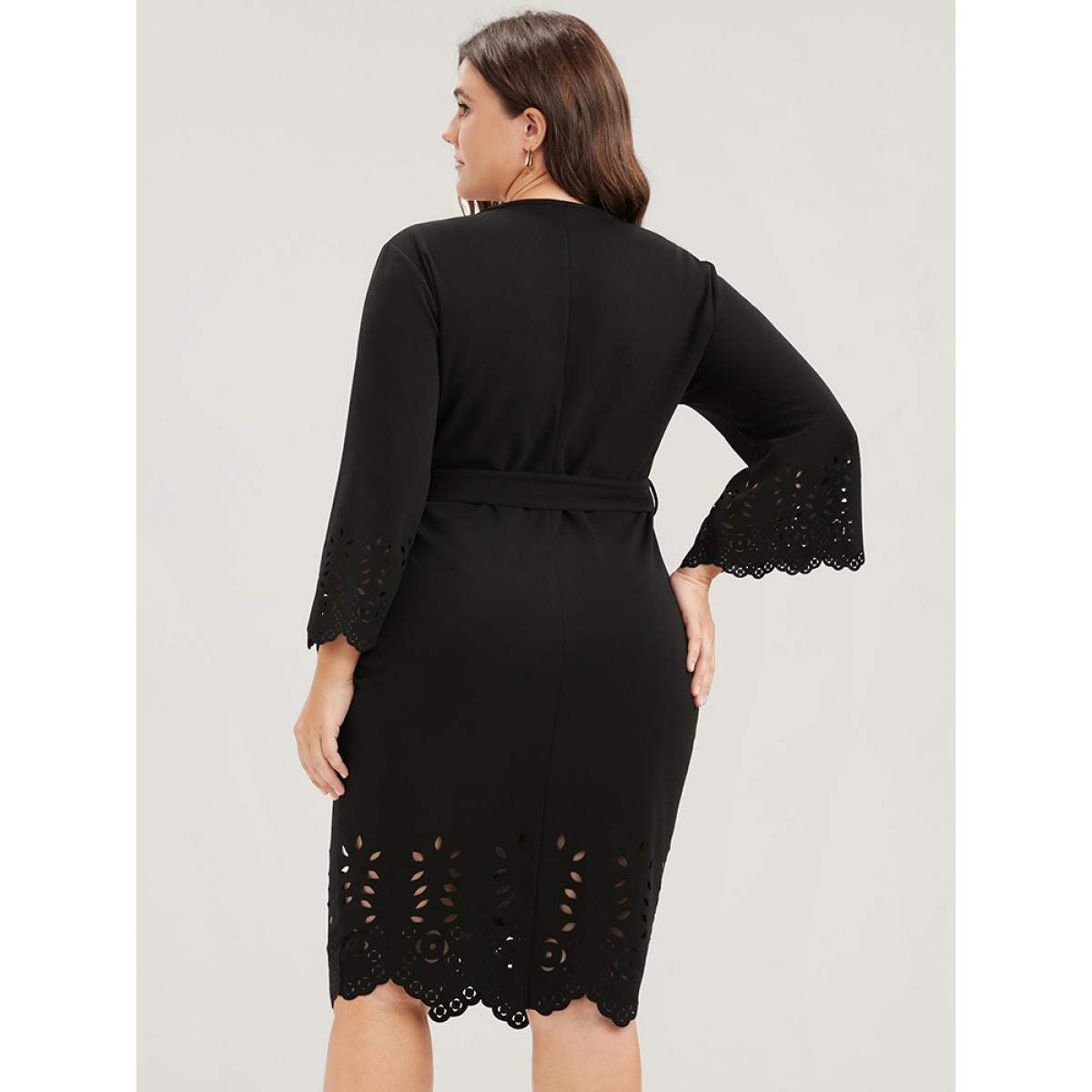 Plus Size Solid Laser Cut Bell Sleeve Belted Knee Dress Black Women Glamour Plain V-neck Elbow-length sleeve Curvy Knee Dress BloomChic 10/M Product Image