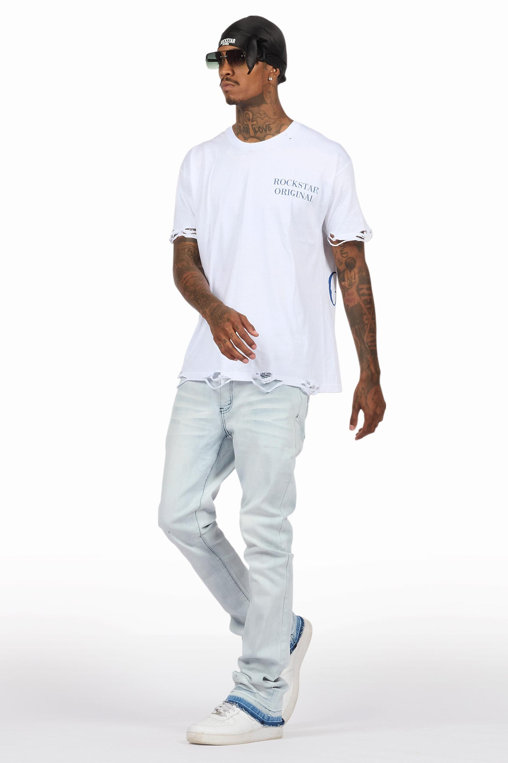 Drako White/Blue Oversized Graphic T-Shirt/Dag Stacked Flare Jean Set Male Product Image