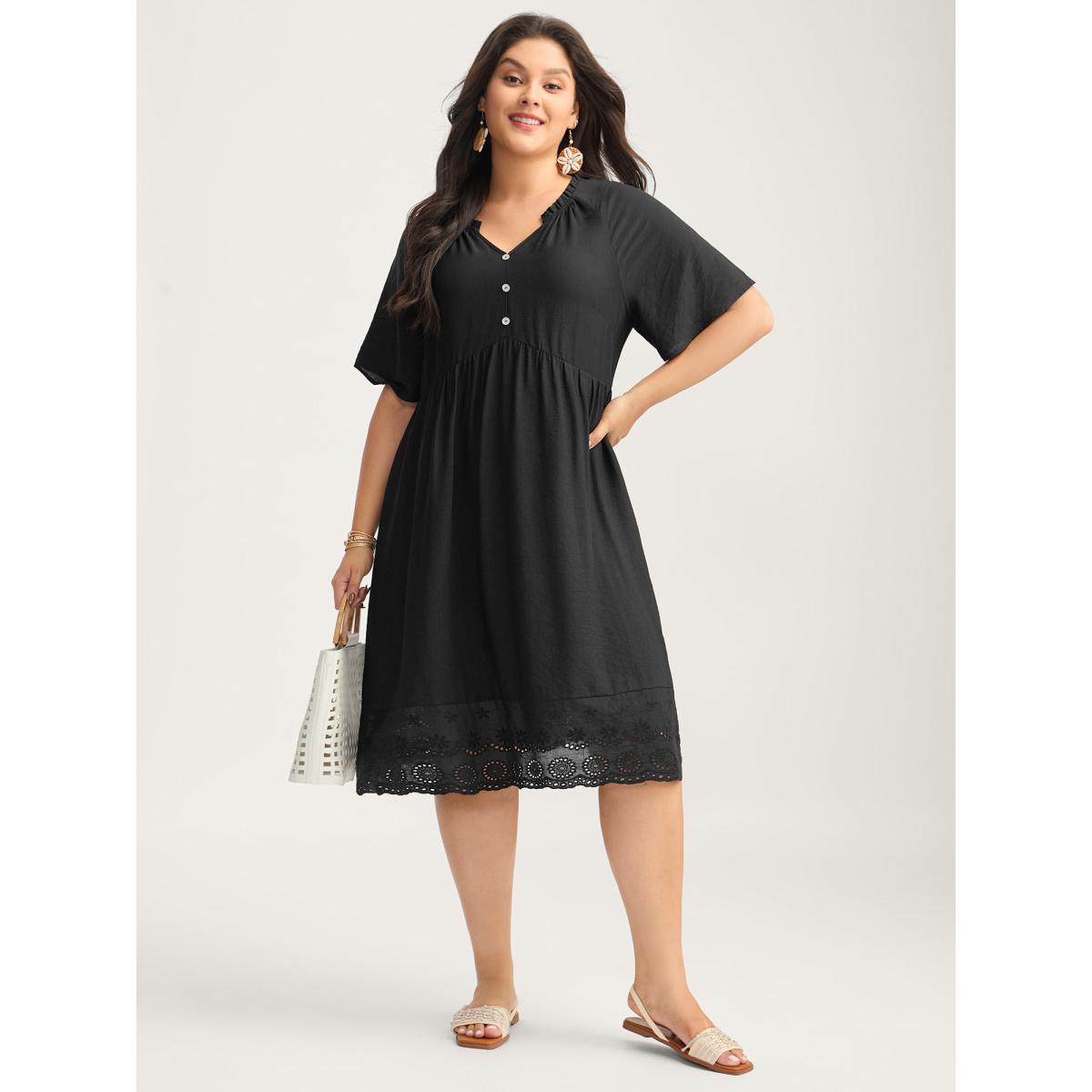 Plus Size Eyelet Hem Ruffled Neck Midi Dress Black Women Notched collar Short sleeve Curvy BloomChic 30/6X Product Image