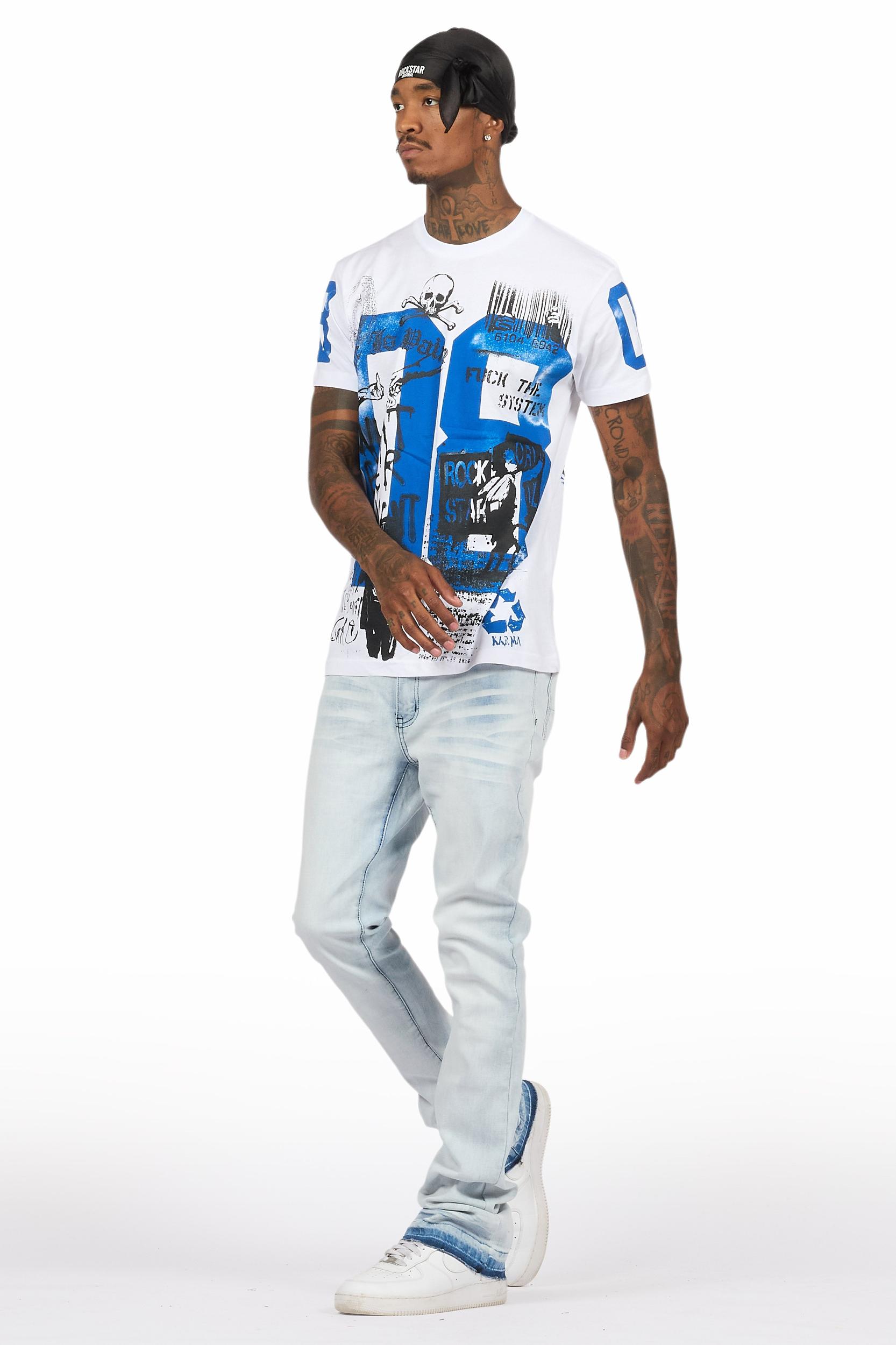 Grill White/Blue Oversized Graphic T-Shirt/Dag Stacked Flare Jean Set Male Product Image