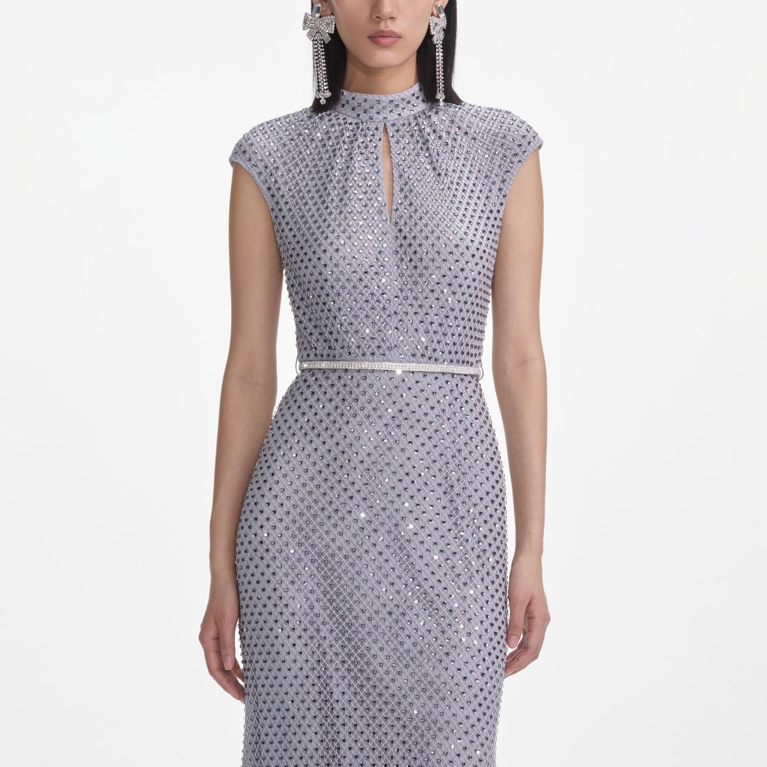 Grey Rhinestone Fishnet Midi Dress Product Image