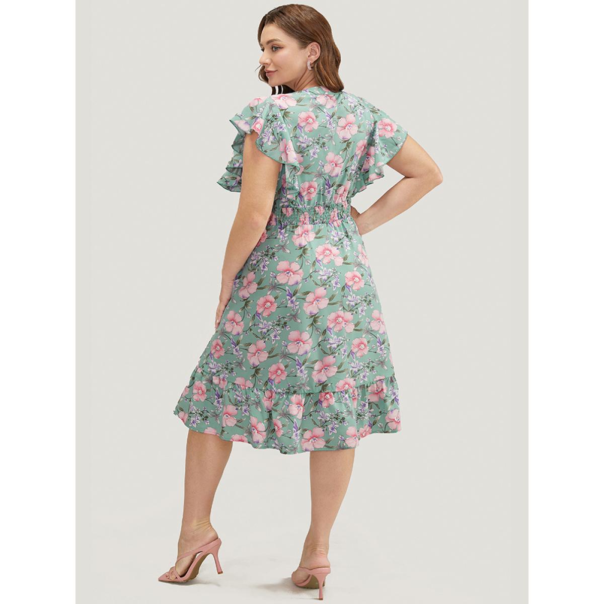 Plus Size Floral Pleated Shirred Notched Pocket Ruffle Trim Shirred Dress Mint Women Elegant Pleated Notched collar Cap Sleeve Curvy Midi Dress BloomChic 30/6X Product Image