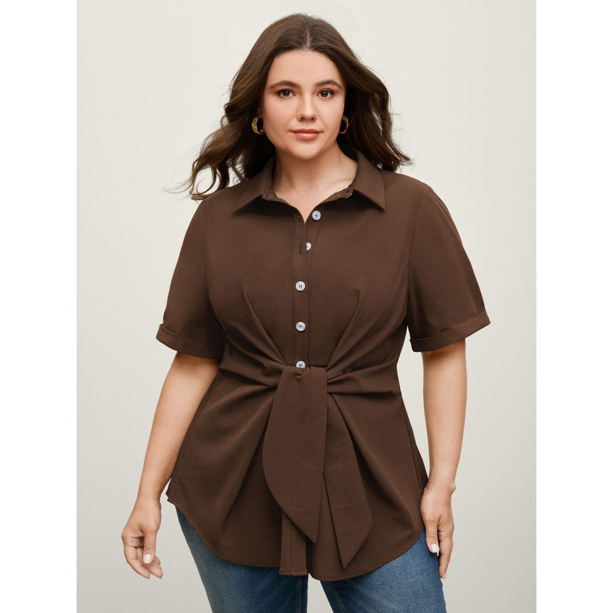Plus Size Burgundy Knotted Front Asymmetrical Hem Blouse Women Office Short sleeve Shirt collar Office Blouses BloomChic 12/L Product Image