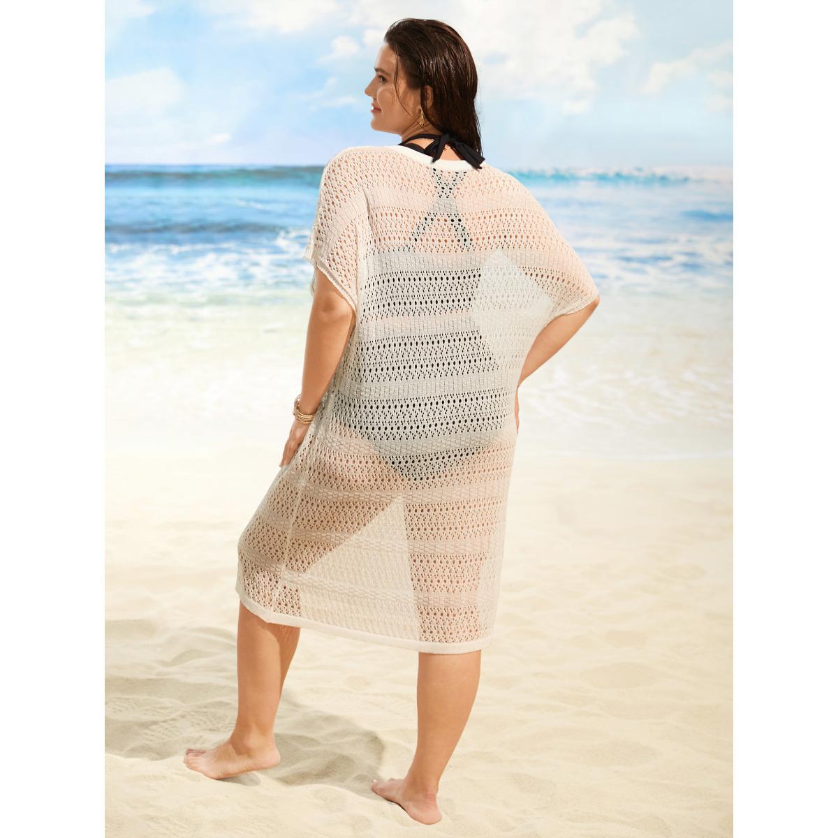 Plus Size Crew Neck Cut Out Dolman Sleeve Swim Cover Up Women's Swimwear Ivory Beach Loose Texture Curve Swim Cover Ups BloomChic 30/6X Product Image