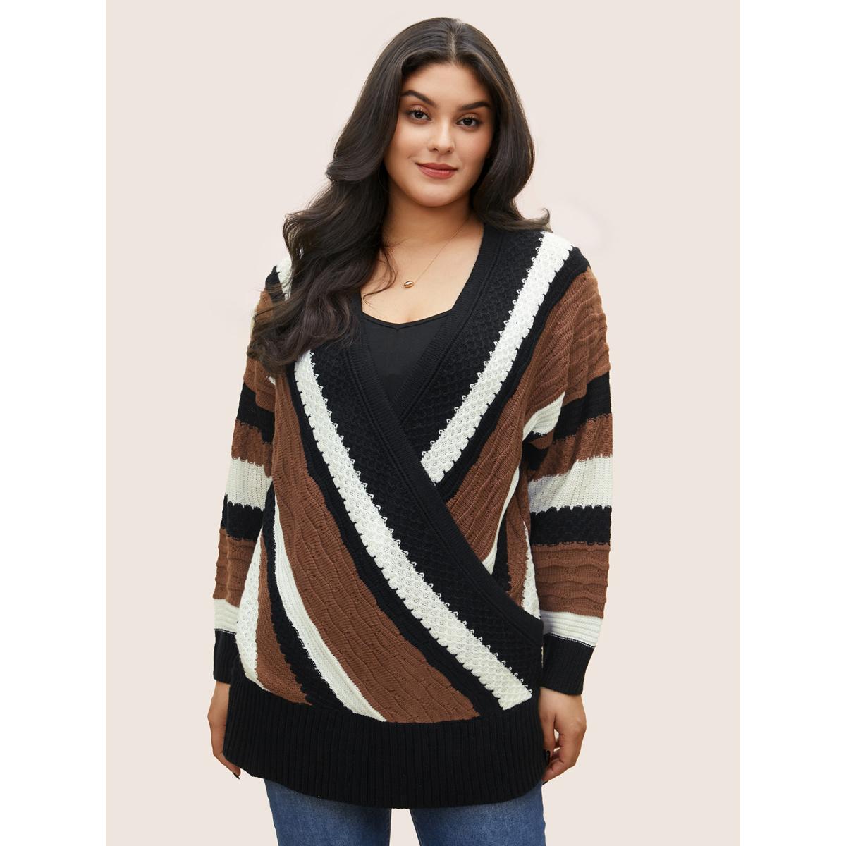 Plus Size Contrast Colorblock Wrap Deep V Neck Pullover DarkBrown Women Casual Long Sleeve Deep V-neck Everyday Pullovers BloomChic 22-24/3X Product Image