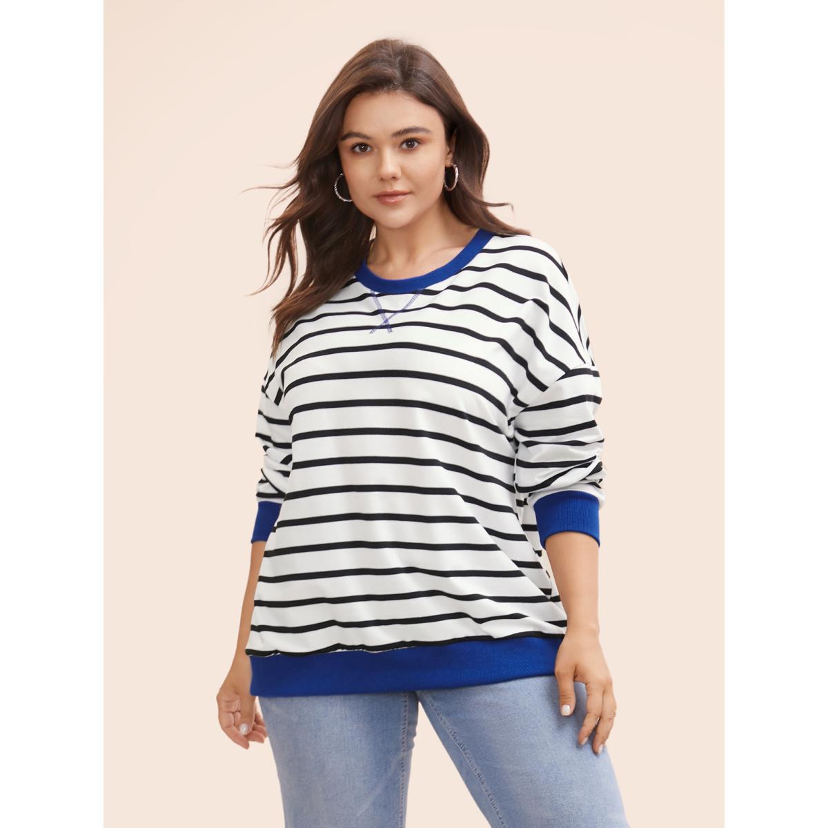 Plus Size Striped Contrast Trim Stitch Sweatshirt Women Black Casual Topstitching Round Neck Everyday Sweatshirts BloomChic 14-16/1X Product Image