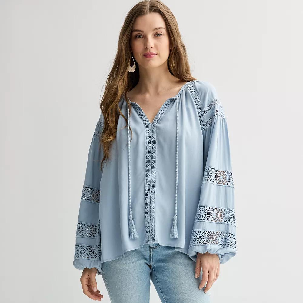 Women's Chelsea & Theodore Tie Neck Long Sleeve Embroidered Blouse, Size: Medium, Light Blue Product Image