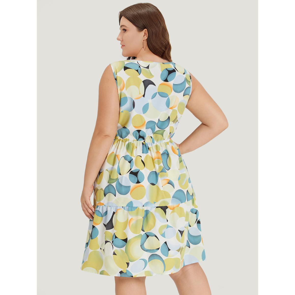 Plus Size Geometric Print Pocket Ruffle Layered Hem Sleeveless Dress YellowGreen Women Elegant Lined Round Neck Sleeveless Curvy Knee Dress BloomChic 14-16/1X Product Image