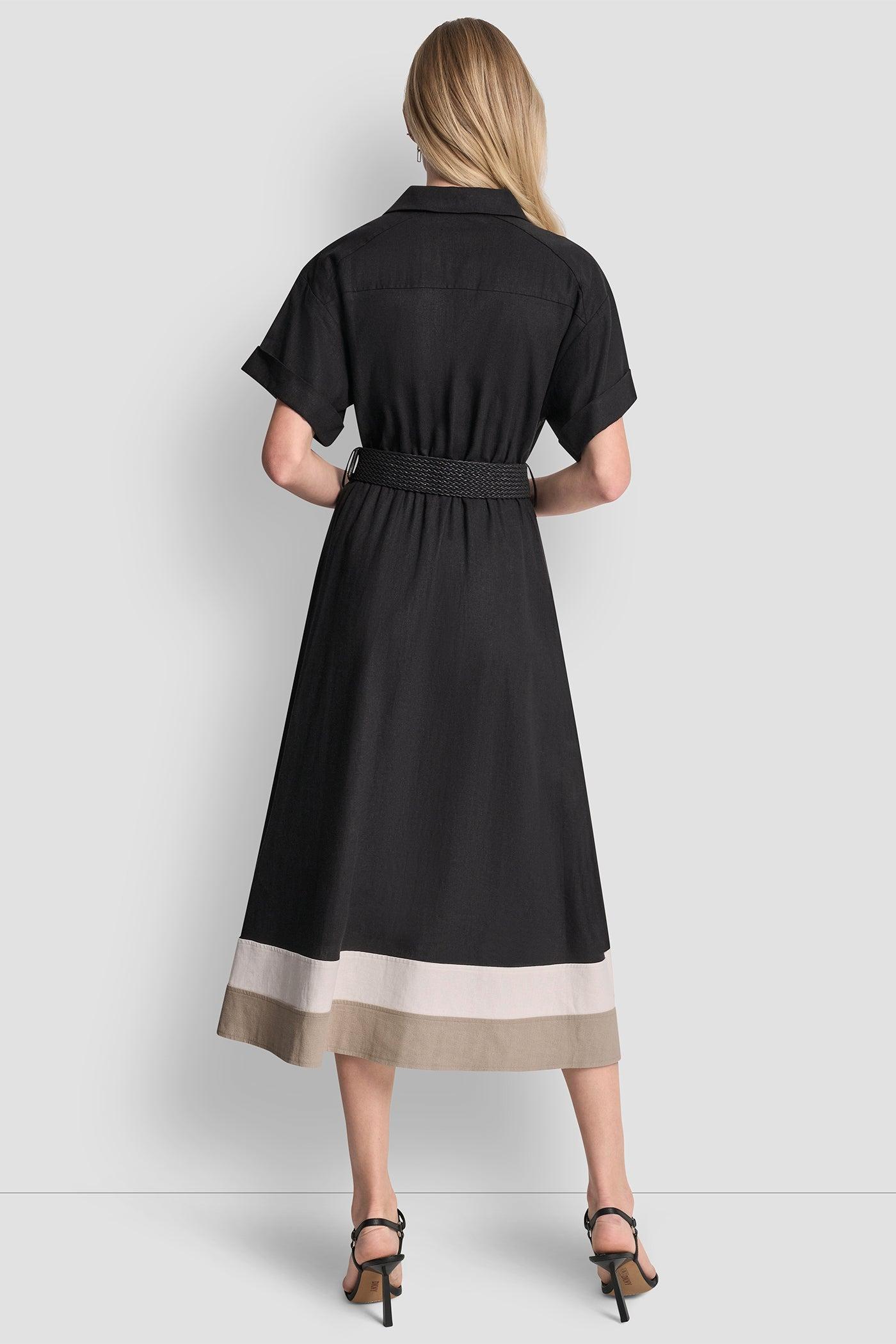 COLOR-BLOCK FIT & FLARE MIDI SHIRT DRESS Product Image