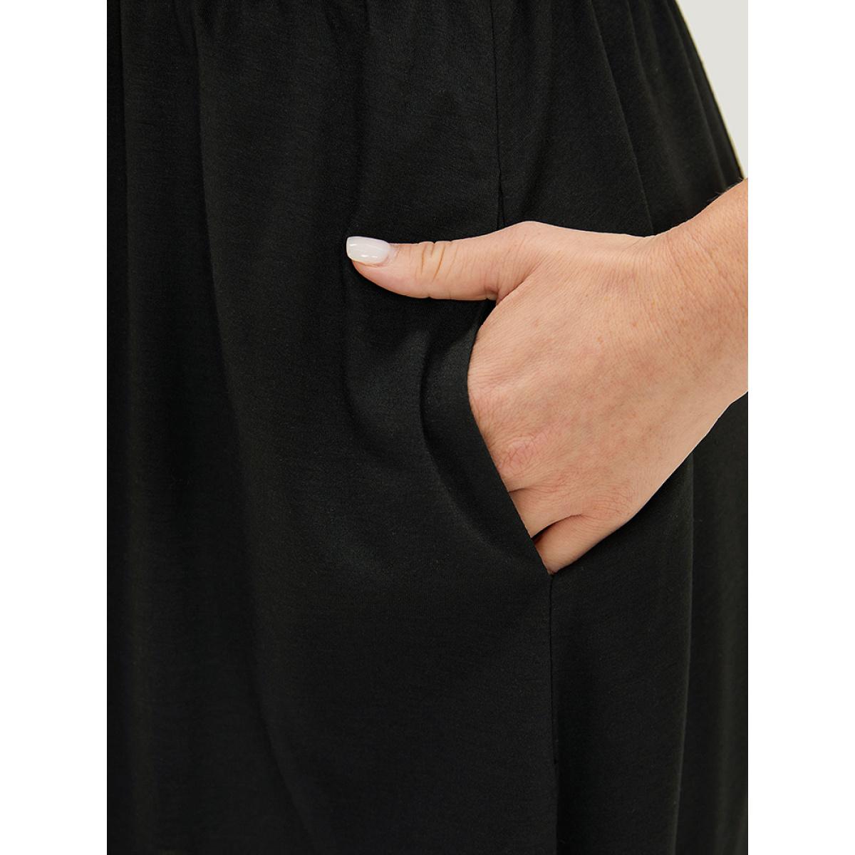 Plus Size Supersoft Essentials Leopard Patchwork Elastic Waist Pocket Cami Dress Black Women Casual Adjustable Straps Spaghetti Strap Sleeveless Curvy Knee Dress BloomChic 30/6X Product Image