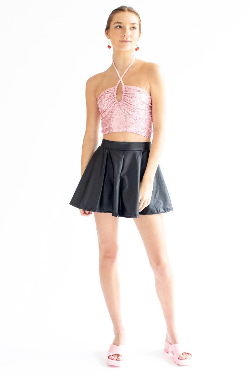 Pink Sequin Ruched Neck Halter Top Product Image