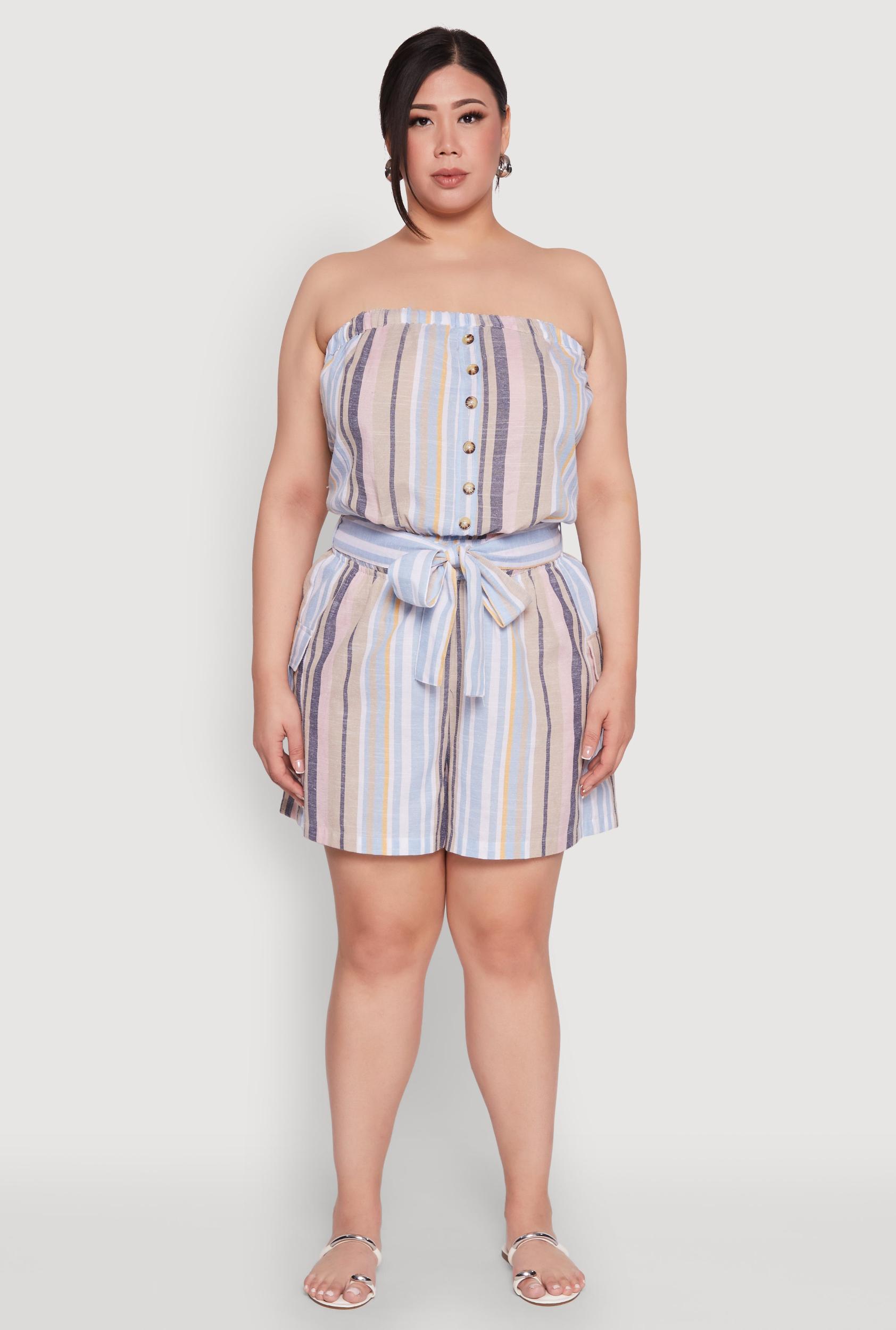 Womens Plus Size Striped Tie Waist Belted Cargo Romper Product Image