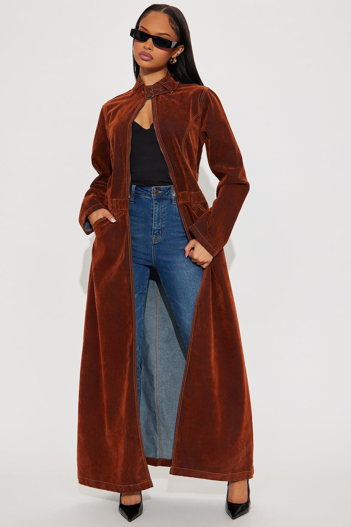 Take A Chance Flocked Denim Trench - Brown Female Product Image