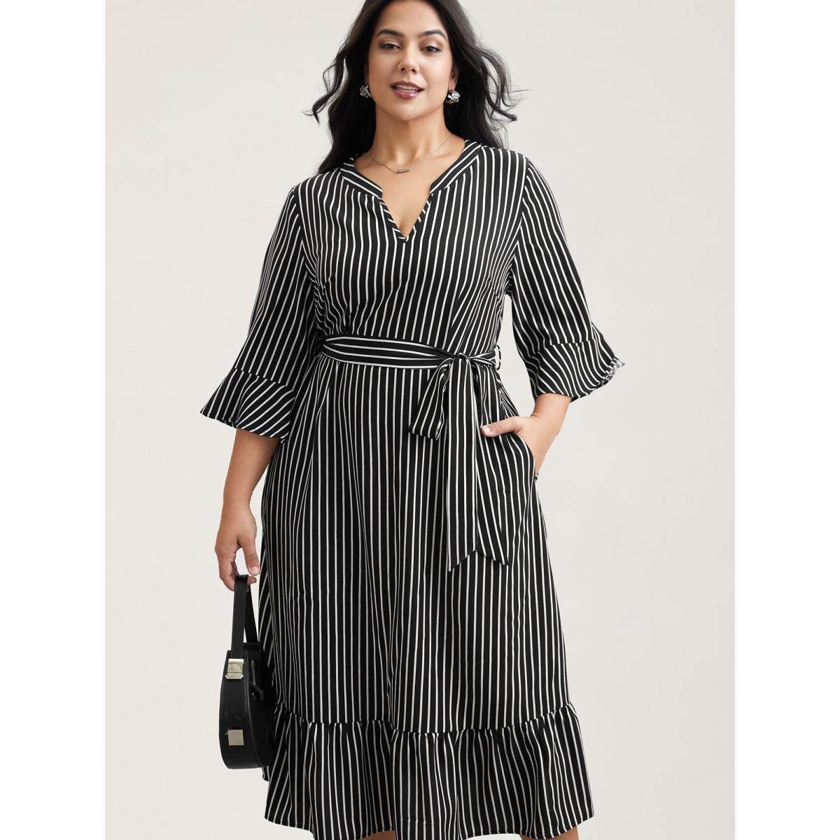 Plus Size Striped Belted Notched Collar Midi Dress Black Women At the Office Belted Flat collar with V-notch Elbow-length sleeve Curvy BloomChic 28/5X Product Image