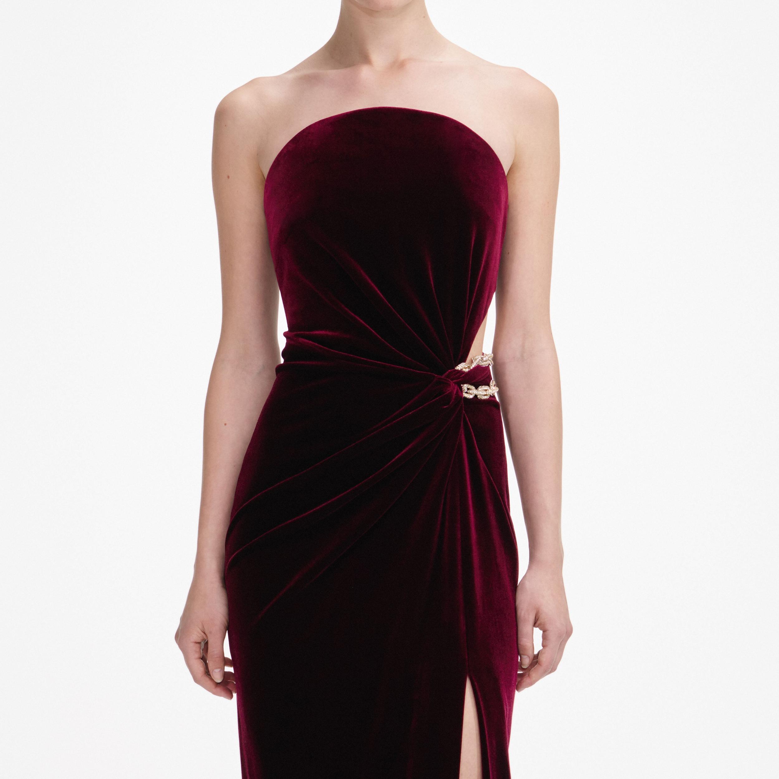 Burgundy Velvet Bandeau Maxi Dress Product Image