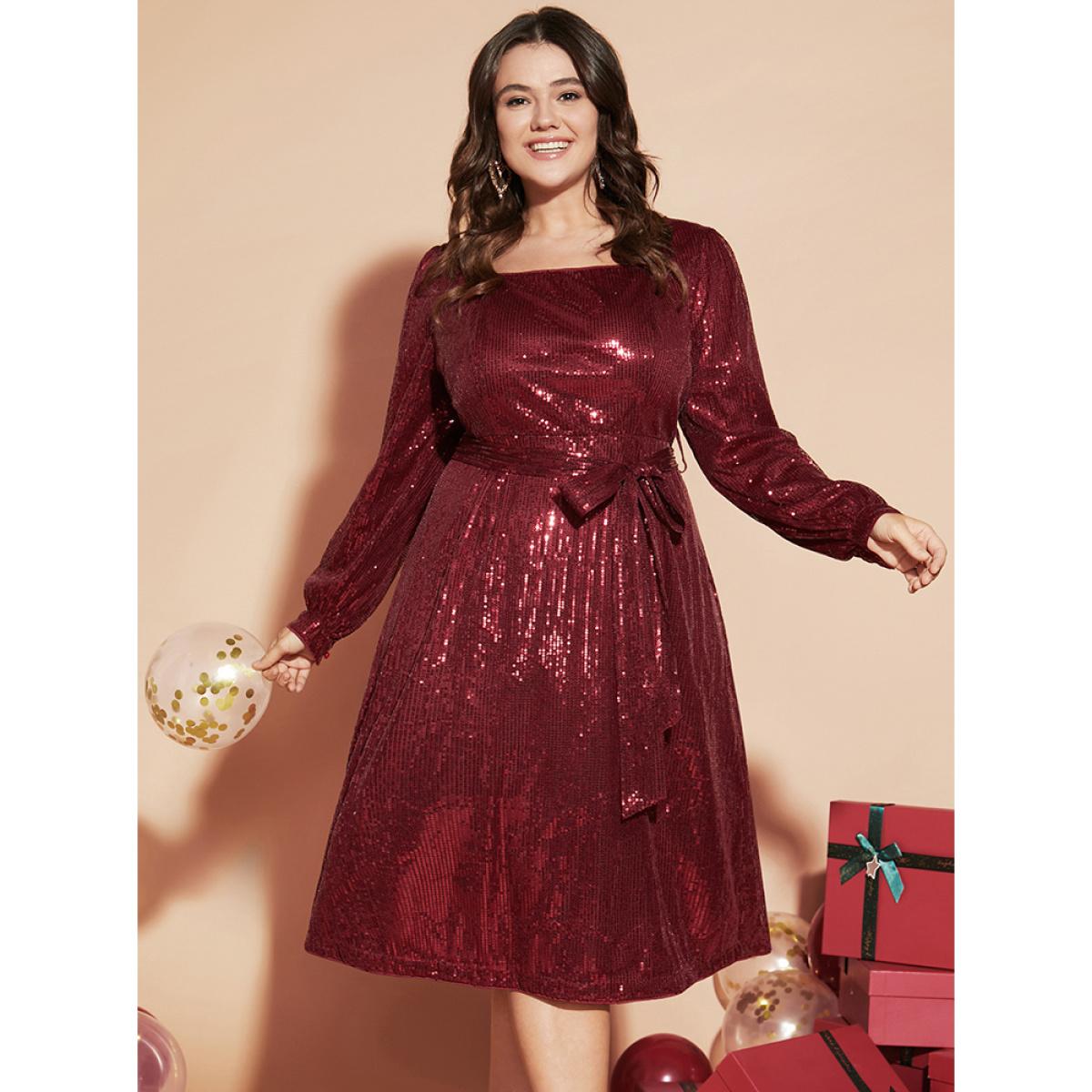 Plus Size Solid Square Neck Lantern Sleeve Belted Sequin Dress Burgundy Women Party Cross straps Square Neck Long Sleeve Curvy Midi Dress BloomChic 26/4X Product Image