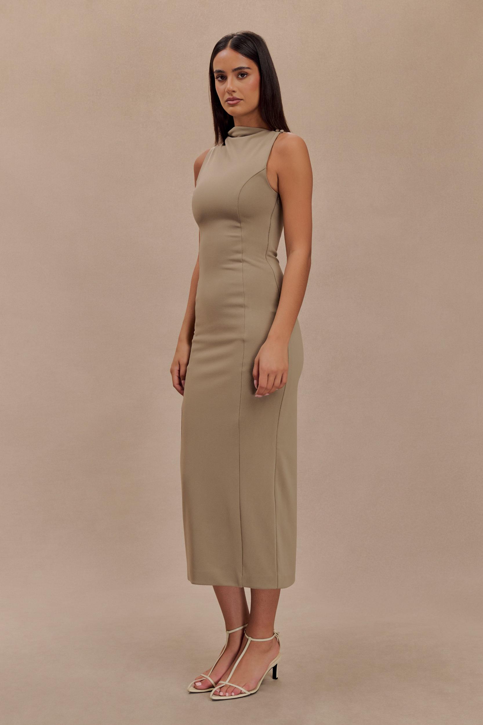 Taylor Draped Stretch Crepe Midi Dress - Mushroom Product Image