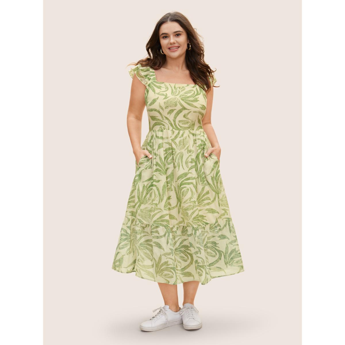 Plus Size Cotton Square Neck Floral Print Tiered Ruffles Dress LightGreen Women Casual Ruffles Square Neck Cap Sleeve Curvy BloomChic 28/5X Product Image