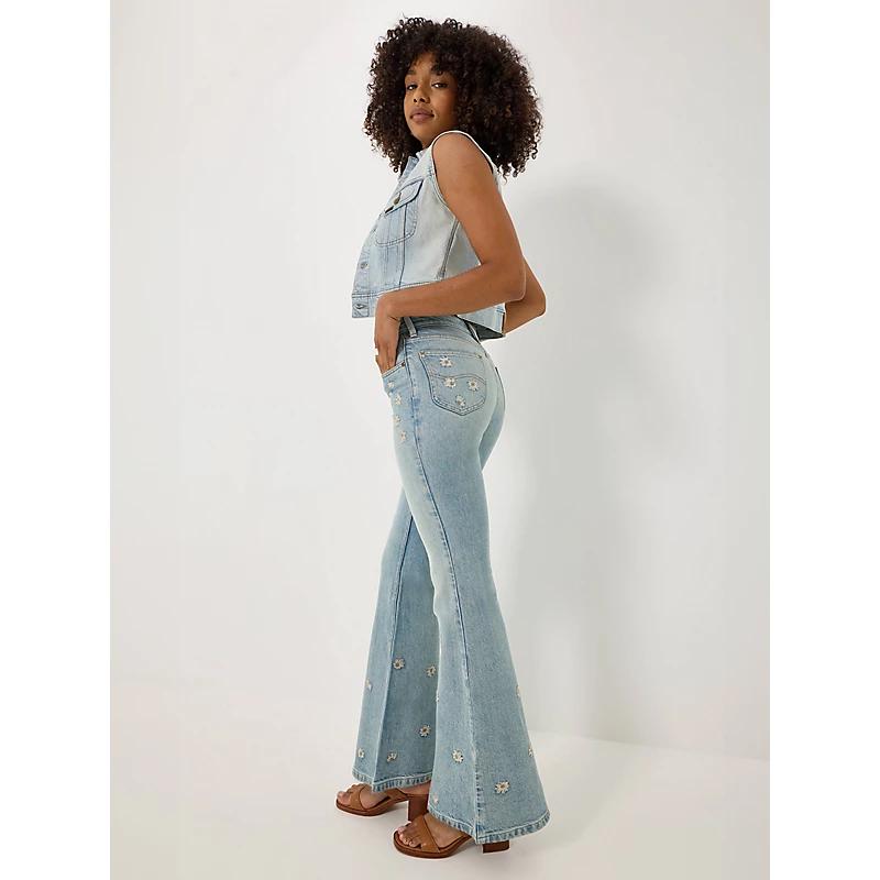 Womens High Rise Daisy Print Flare Jeans Product Image