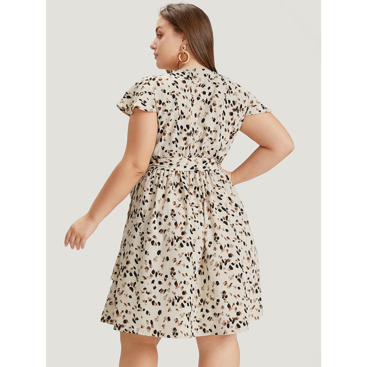 Plus Size Allover Print Belted Ruffles Asymmetrical Layered Hem Dress Apricot Women Elegant Gathered V-neck Cap Sleeve Curvy Knee Dress BloomChic 28/5X Product Image