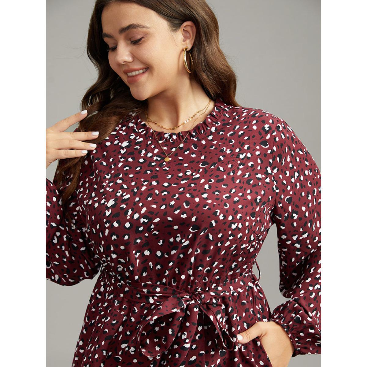 Plus Size Allover Print Elastic Cuffs Frill Trim Belted Dress Burgundy Women Elegant Elastic cuffs Mock Neck Long Sleeve Curvy Midi Dress BloomChic 12/L Product Image