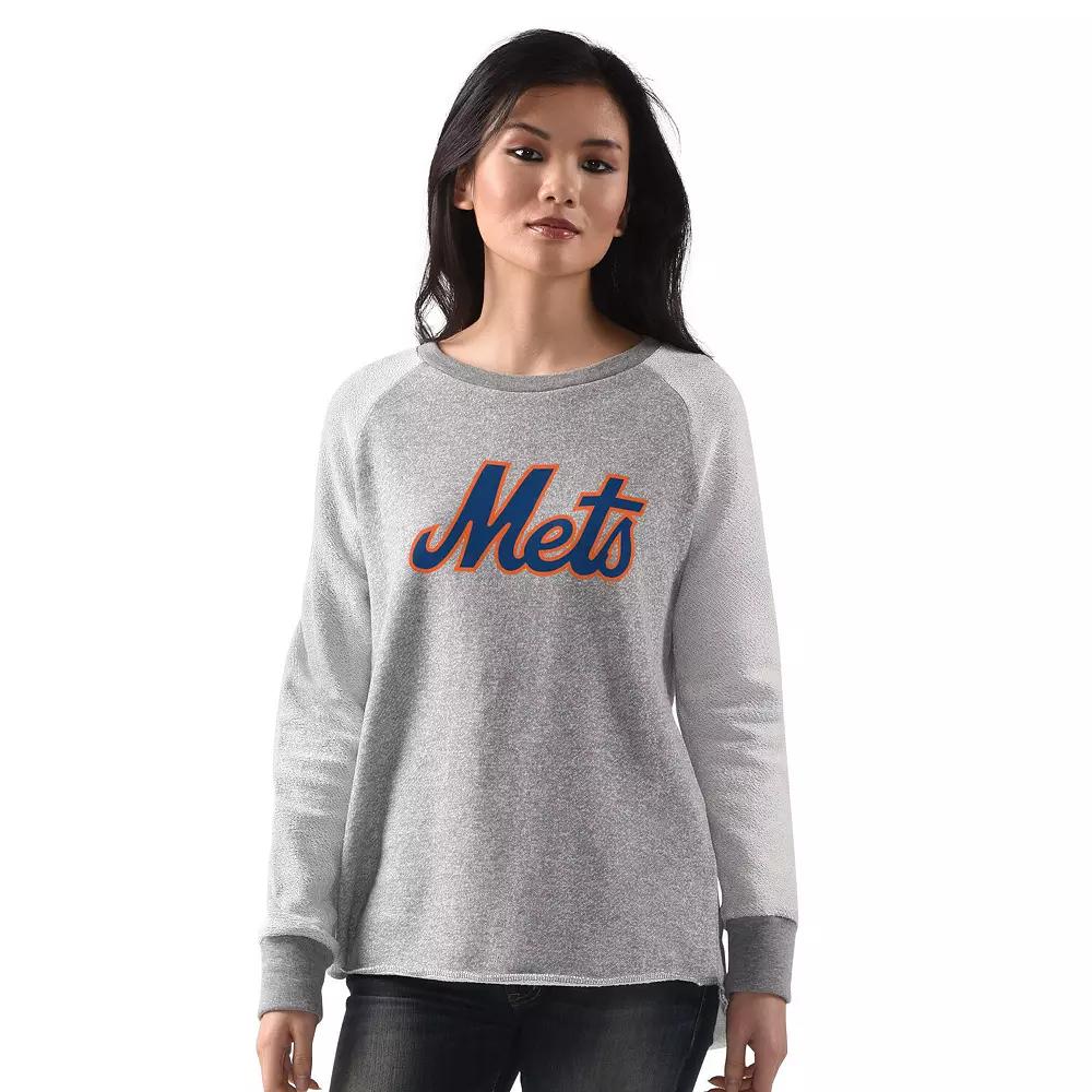 Women's G-III 4Her by Carl Banks Heather Gray New York Mets Gridiron Raglan Pullover Sweatshirt,  Product Image