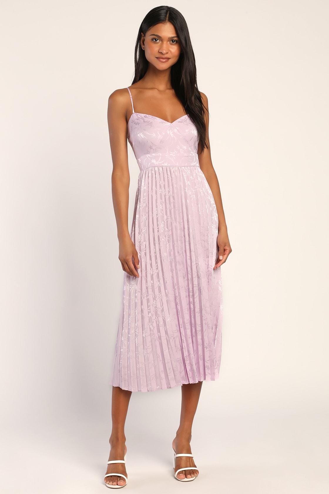 Regal Romance Lavender Floral Jacquard Pleated Satin Midi Dress Product Image