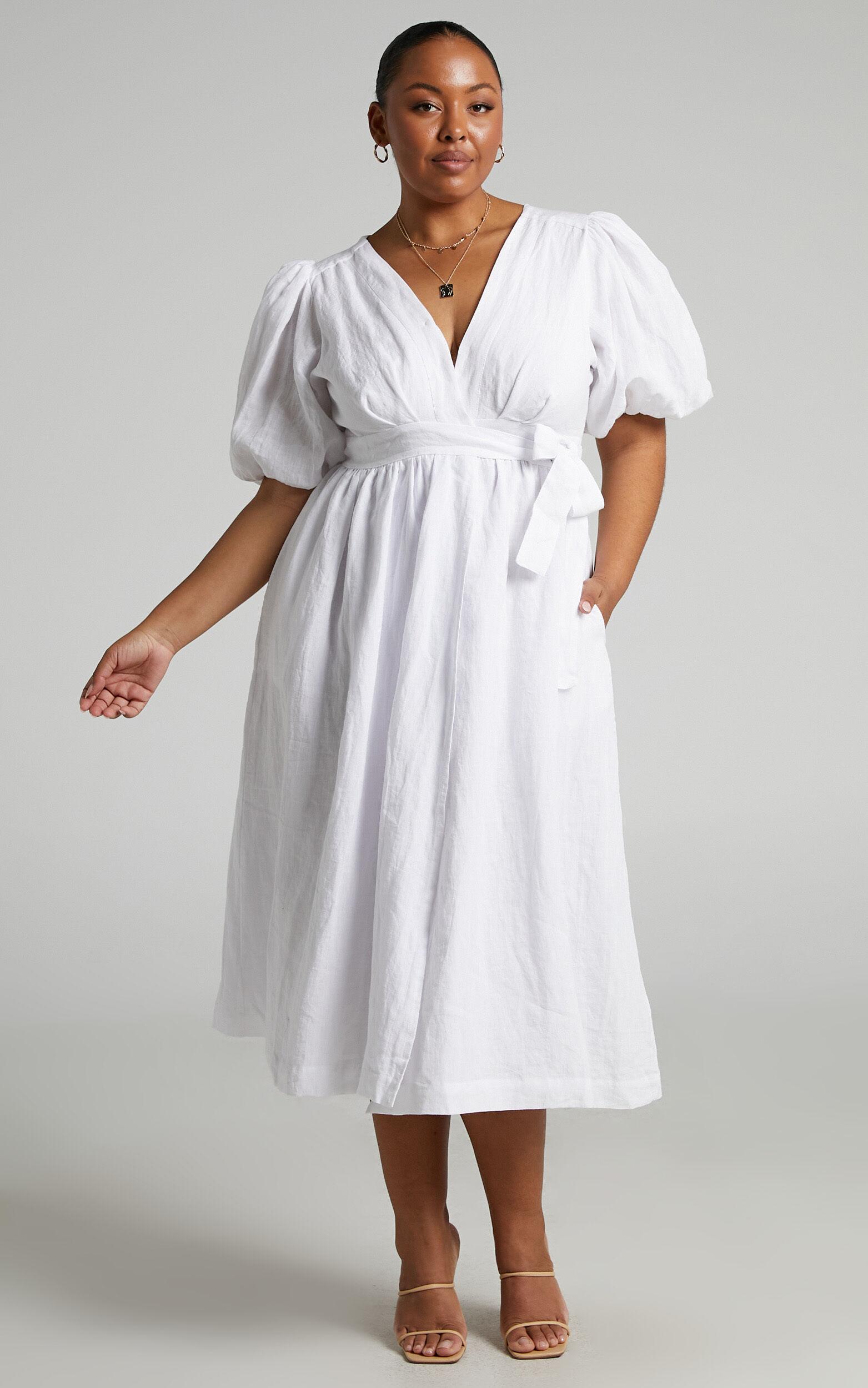 Amalie The Label - Franc Linen Puff Sleeve Wrap Midi Linen Dress in White Product Image
