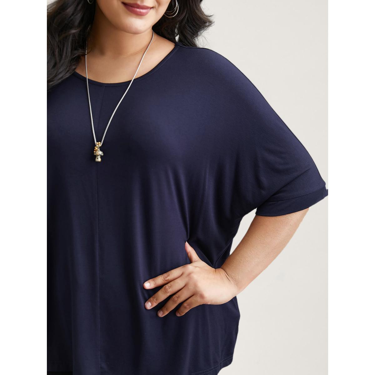 Plus Size Supersoft Round Neck Plain T-Shirt Midnight Women Leisure Non Round Neck Casual T-shirts BloomChic 28/5X Product Image
