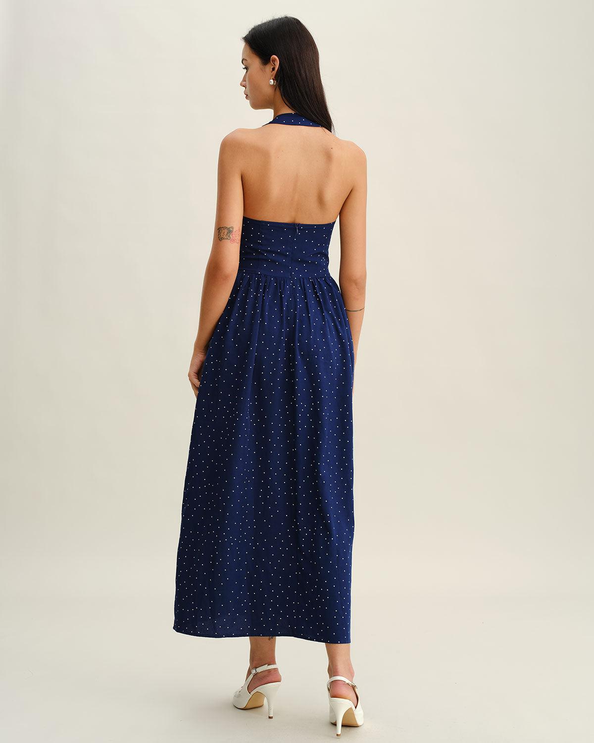 Blue Polka Dot Halter Maxi Dress Product Image