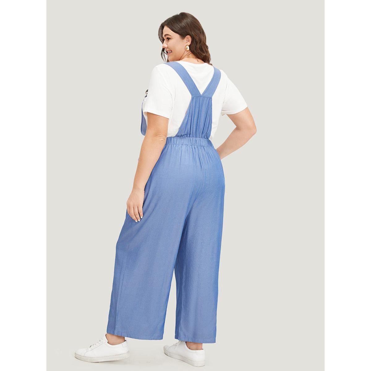 Plus Size Stone Solid Patched Pocket Gathered Overall Jumpsuit Women Casual Sleeveless Spaghetti Strap Dailywear Loose Jumpsuits BloomChic 18-20/2X Product Image