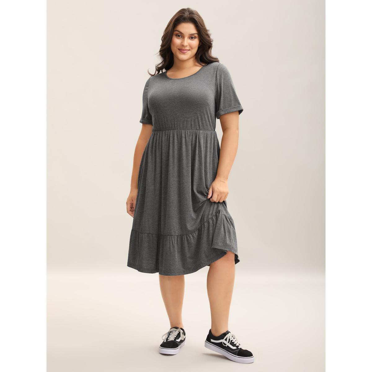 Plus Size Stretchy Fabric Pockets Ruffled Hem Midi Dress DarkGray Women Casual Knit Dresses Bloomchic 10/M Product Image