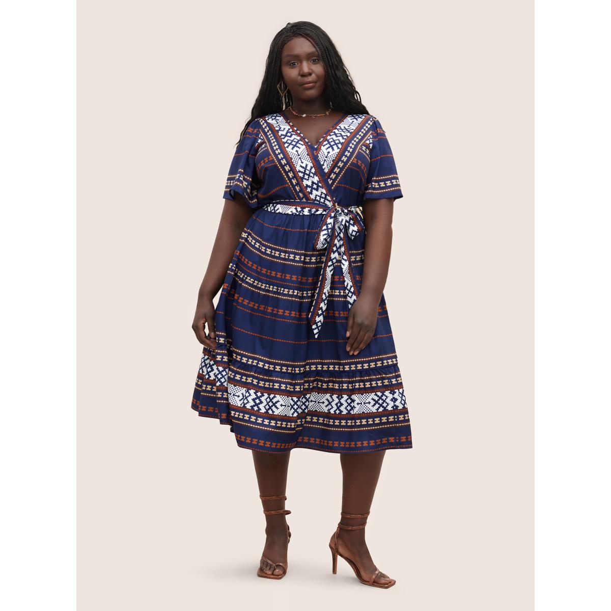 Plus Size Boho Print Wrap Flutter Sleeve Belted Dress DarkBlue Women Resort Overlapping Overlap Collar Short sleeve Curvy Midi Dress BloomChic 10/M Product Image