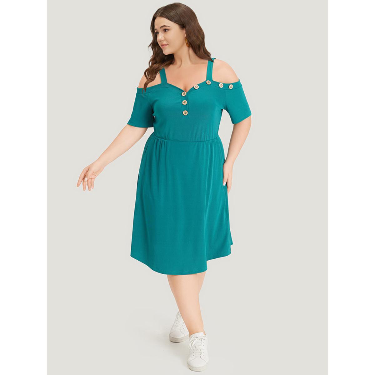 Plus Size Plain Pocket Button Detail Cold Shoulder Cami Dress Teal Women Casual Plain Cold Shoulder Short sleeve Curvy Knee Dress BloomChic 22-24/3X Product Image
