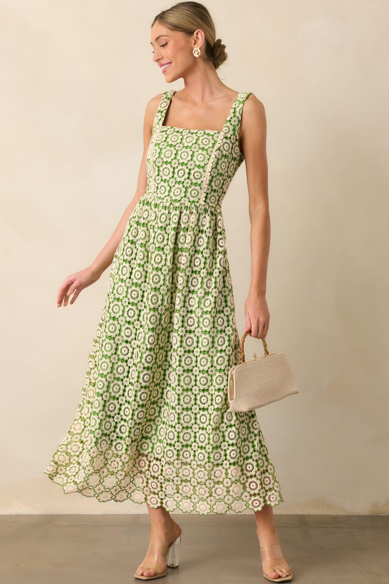 In The Meadow Green Floral Embroidered Midi Dress Product Image