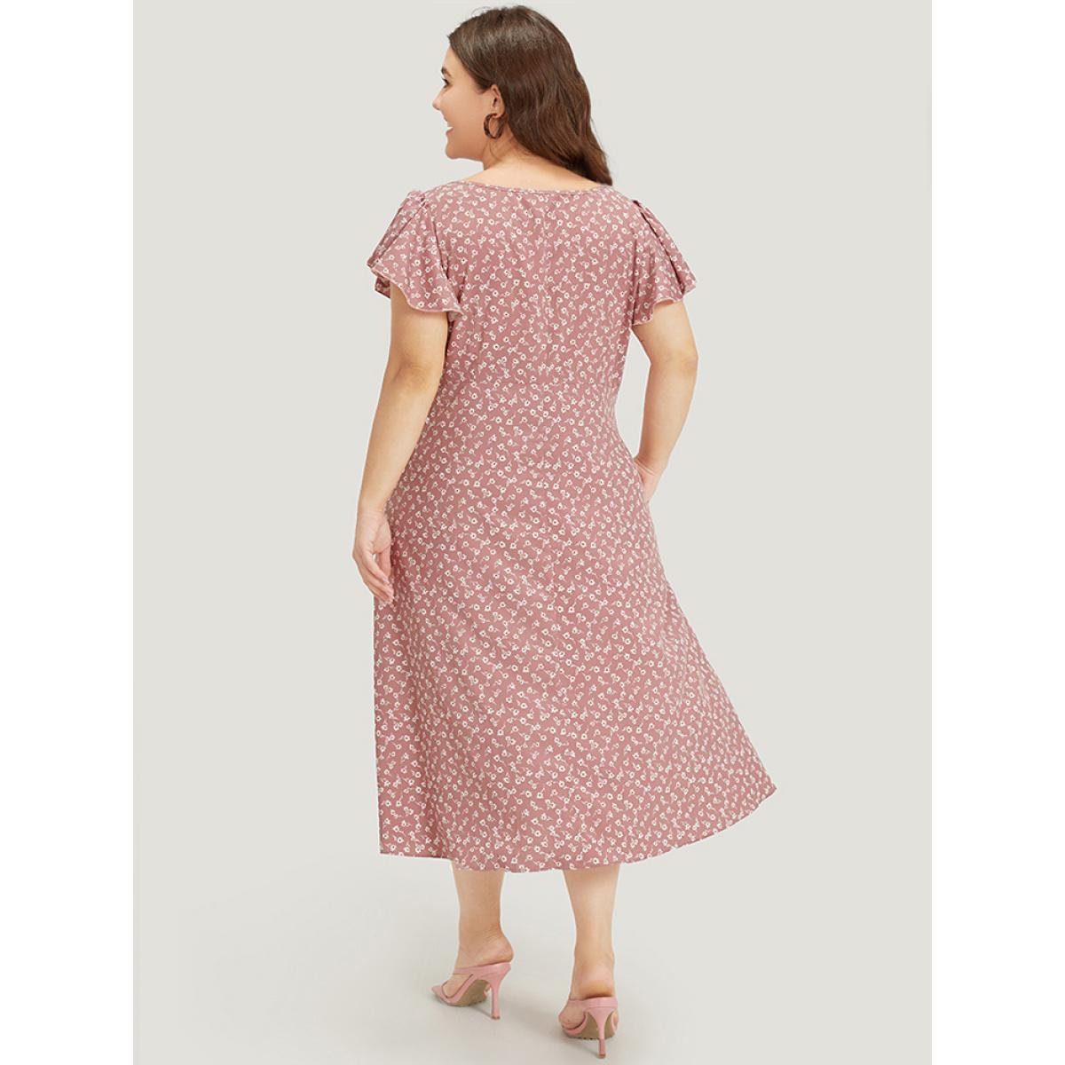 Plus Size Ditsy Floral Square Neck Ruffle Cap Sleeve Split Hem Dress Pink Women Elegant Button Square Neck Short sleeve Curvy Midi Dress BloomChic 28/5X Product Image