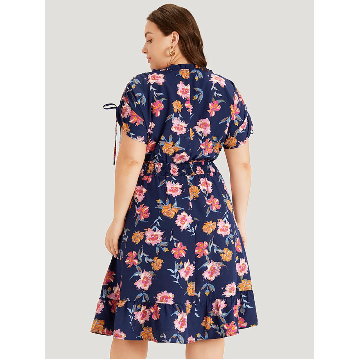 Plus Size Floral Knot Neck Drawstring Dolman Sleeve Shirred Dress Navy Women Elegant Frill Trim V-neck Short sleeve Curvy Midi Dress BloomChic 30/6X Product Image